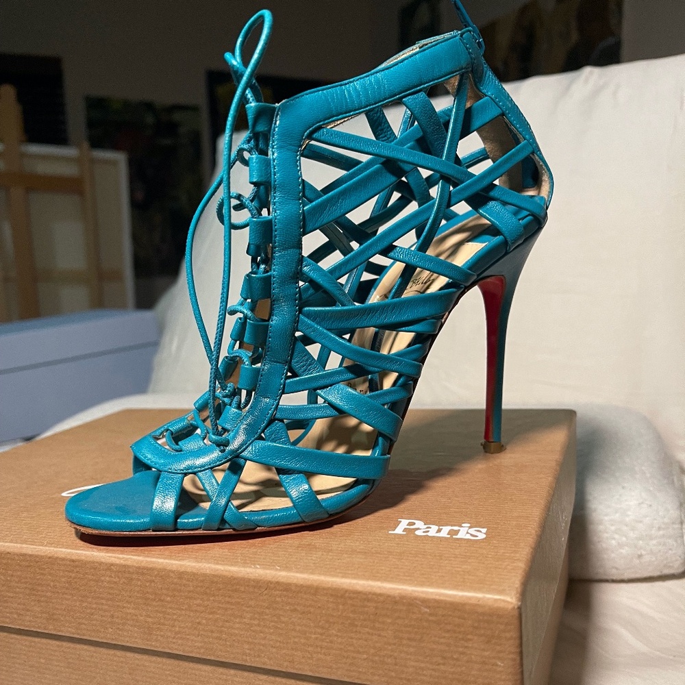 CHRISTIAN LOUBOUTIN Teal Leather Laurence Anyway Caged Booties Heels